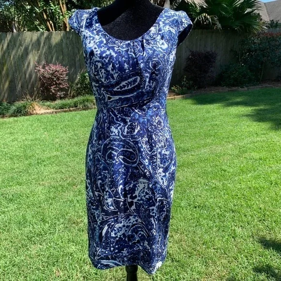 ADRIANNA PAPELL Blue Paisley print scoop neck cap sleeve cotton bodycon sheath - Picture 1 of 10